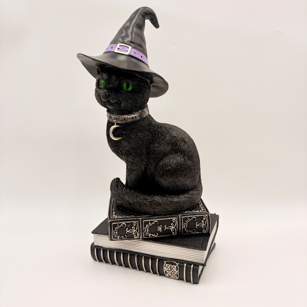 Black Cat Witch Figurine on Spell Books Gothic Halloween Decor Green Eyes Hat